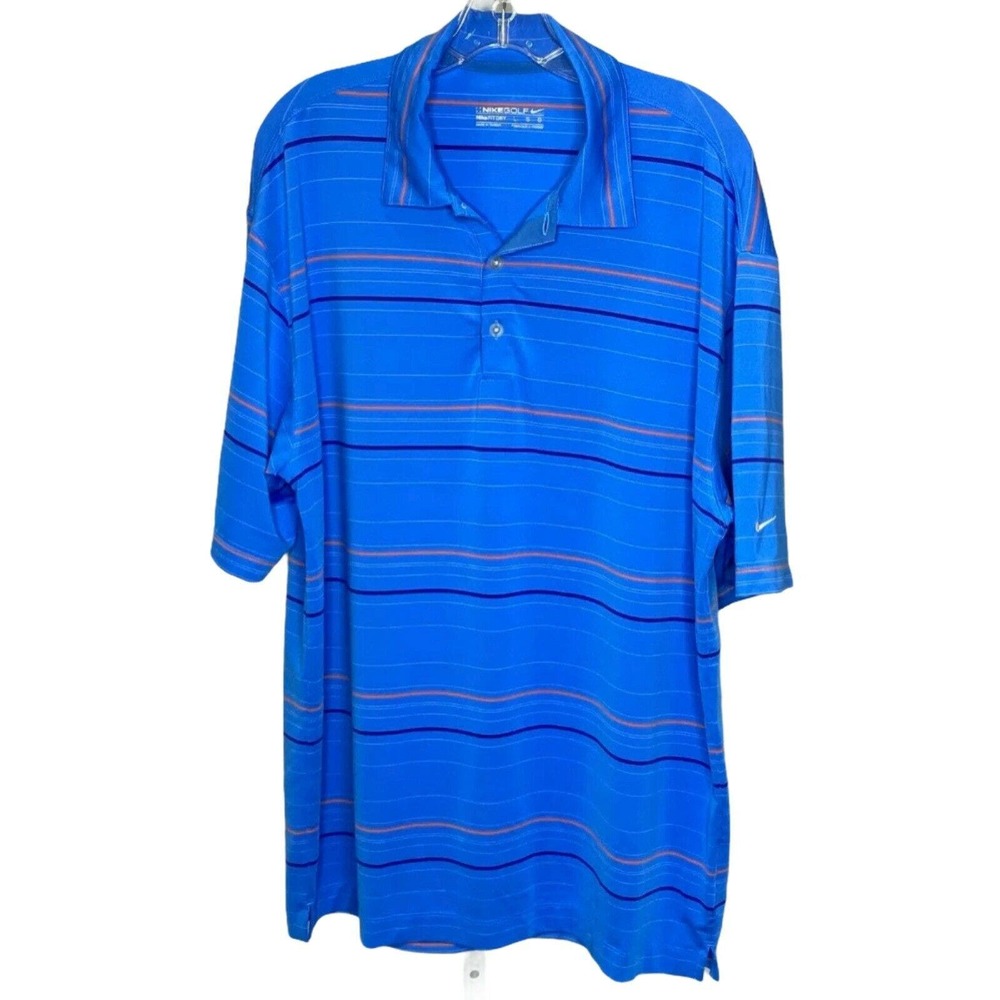 Nike Golf Dri-Fit Men's Polo Shirt‎ L Short Sleeve Collared Blue Orange Striped